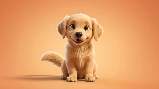 Adorable Animated Golden Retriever Puppy Smiling and Wagging Tail on Orange Background