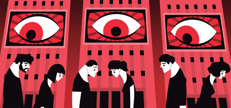people in an Orwellian dystopia monitored by giant eyes on screens