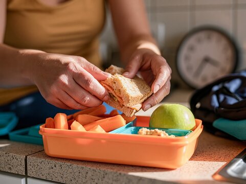 Parent's hands preparing a healthy lunch with sandwich, carrot sticks, and apple in an orange lunchbox on a kitchen countertop with a clock in the background