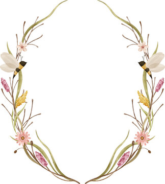 Hand-Painted Autumn Meadow Watercolor Border. Floral and Bee Wreath Frame Clipart On Transparent Background. Ideal For Autumn Wedding Invitations, Cottagecore Greeting Cards, Garden Party Invitations.
