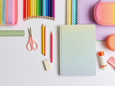 Overhead flat lay of colorful stationery items including pencils, scissors, notebooks, and a pencil case arranged on a white background for school or office use
