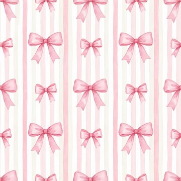 Seamless pattern with cute pink watercolor bows and vertical stripes on white background