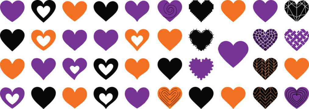 Colorful heart-shaped aids awareness ribbons in purple, orange, and black