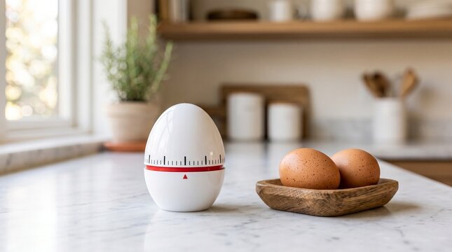 Modern egg timer plastic white kitchen tool sitting beside fresh brown eggs on a marble countertop in bright morning light for a culinary cooking time management concept