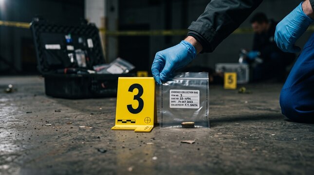 Forensic investigator securing evidence bags beside markers at a numbered crime scene under dramatic moody lighting for criminal justice investigation concept