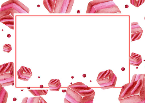 Watercolor petit four frame with pink layered cakes and copy space. Sweet bakery background for birthday, Valentine, cards, invitations, banners, packaging, dessert menus and party decor.