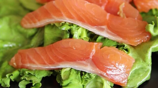 Salmon salad seafood red fish appetizer food preparation pescetarian diet dish tasty snack fresh and delicious gourmet rustic food background on the table&nbsp; rustic food top view copy space keto and pal