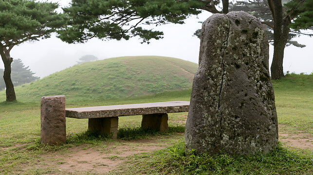 Ancient stone tomb monument with mysterious megalithic pillar and stone bench in a serene green misty forest park landscape scene view