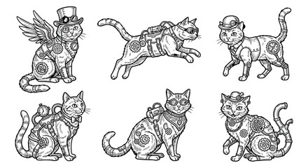 Obraz premium Steampunk cats with mechanical details are depicted in a detailed vector illustration