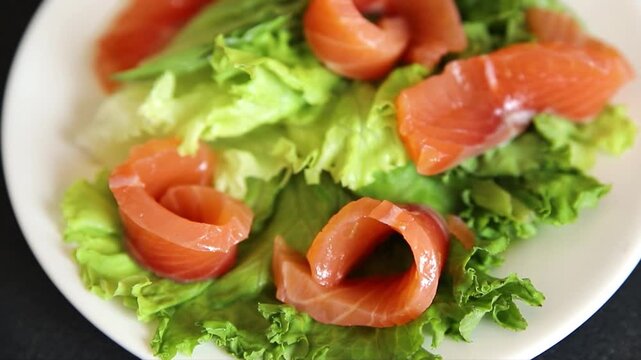 Salmon salad seafood red fish appetizer food preparation pescetarian diet dish tasty snack fresh and delicious gourmet rustic food background on the table&nbsp; rustic food top view copy space keto and pal