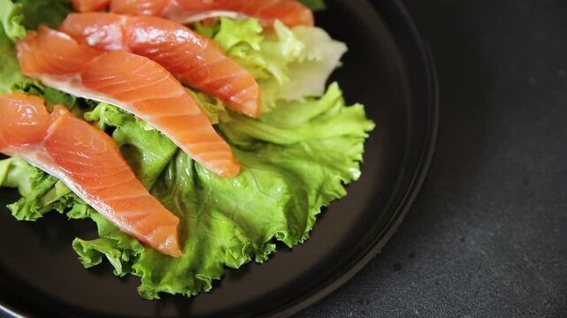 Salmon salad seafood red fish appetizer food preparation pescetarian diet dish tasty snack fresh and delicious gourmet rustic food background on the table&nbsp; rustic food top view copy space keto and pal