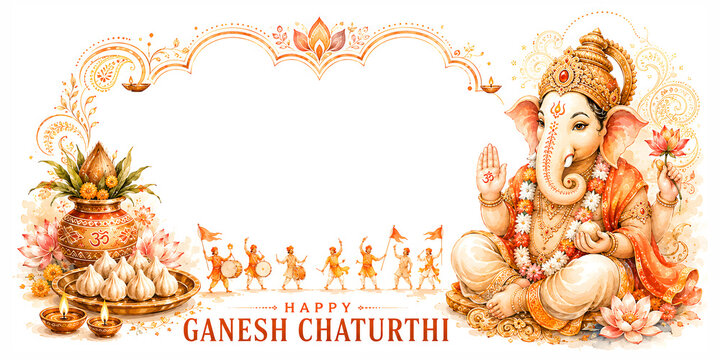 Happy Ganesh Chaturthi festive layout featuring sitting Ganesha with modak and decorative copy space.