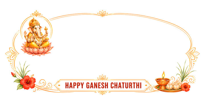 Happy Ganesh Chaturthi traditional watercolor illustration with sitting Ganesha and decorative blank space.