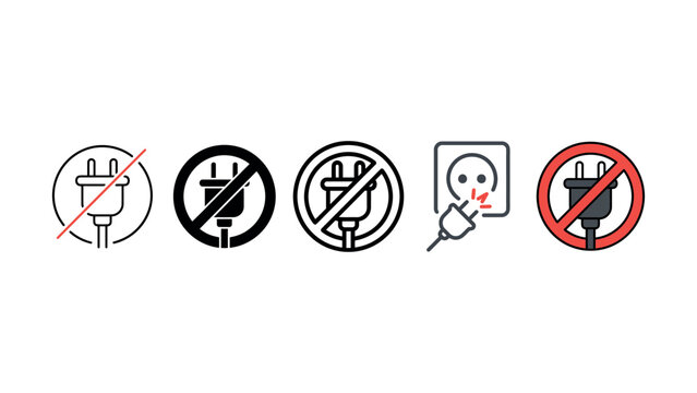Set of electronic plug icons featuring prohibition signs and connection symbols