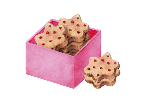 Watercolor cookie gift box filled with star-shaped cookies and red sprinkles. Sweet festive dessert for birthday, Valentine, bakery, greeting cards, invitations, packaging and gift design.