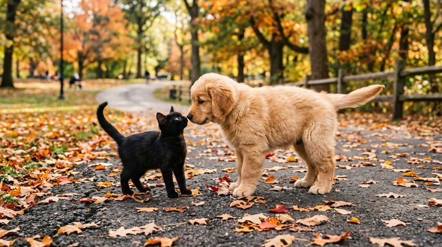 Golden retriever puppy and black kitten sniffing noses on an autumn park path covered in colorful fall foliage.