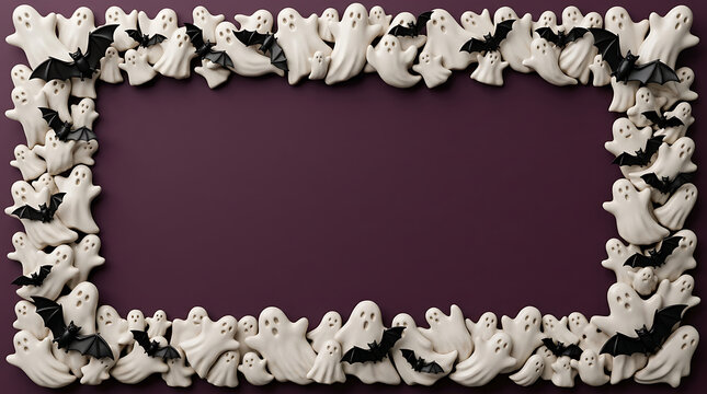 Halloween border frame with 3D white ghosts and black bats on a dark purple background