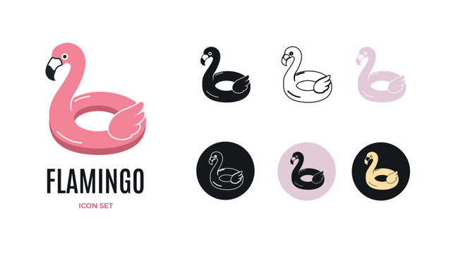 Icon set with flamingo float and pink flamingo pool float in various styles. Flamingo text.