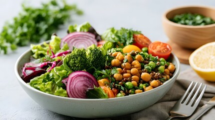 Naklejka premium A vibrant bowl of fresh salad with chickpeas broccoli red onions tomatoes and herbs served with lemon and parsley