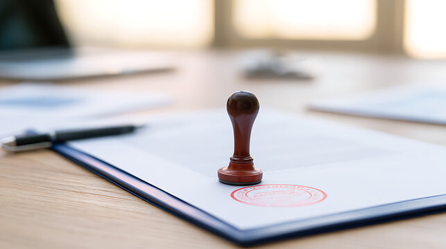 Wooden office stamp and red ink seal on legal document paper over desk background close up corporate business contract approval and notary concept