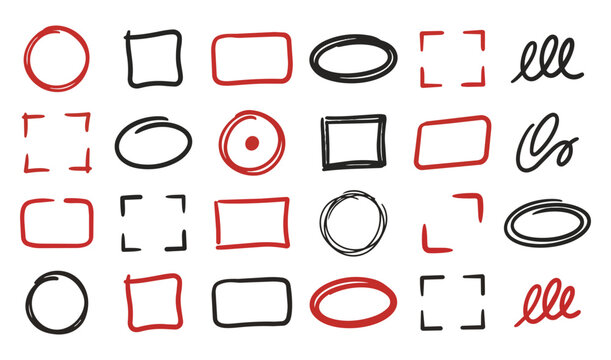 Set of hand drawn geometric frames and shapes in red and black sketchy outline style with graphic design