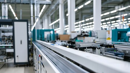 Naklejka premium Modern automated factory interior with conveyor systems and industrial hinery under bright overhead lighting