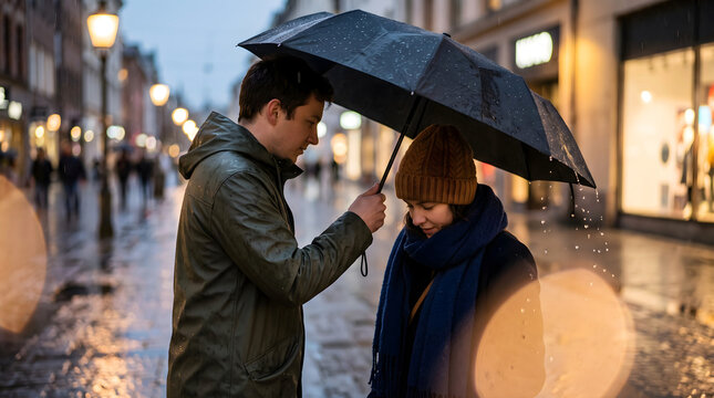 Two people sharing a single umbrella in a genuine act of kindness on a rainy street