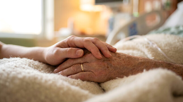 Immersive close up of two hands intertwined in a quiet moment of hospital support
