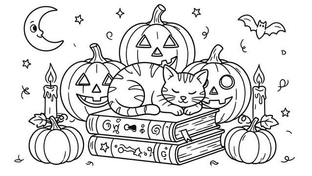 Whimsical line art illustration of a sleeping cat resting atop stacked spellbooks with jack-o-lanterns and lit candles, created with generative AI.
