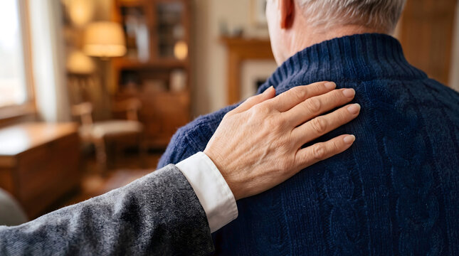 Immersive close up of a comforting hand gently squeezing a shoulder in a moment of support