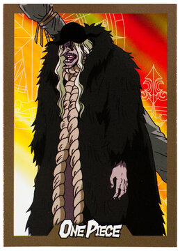 Hamburg, Germany - 05172025: image of a One Piece trading card featuring Caribou, a pirate character from the Japanese manga and anime series. 