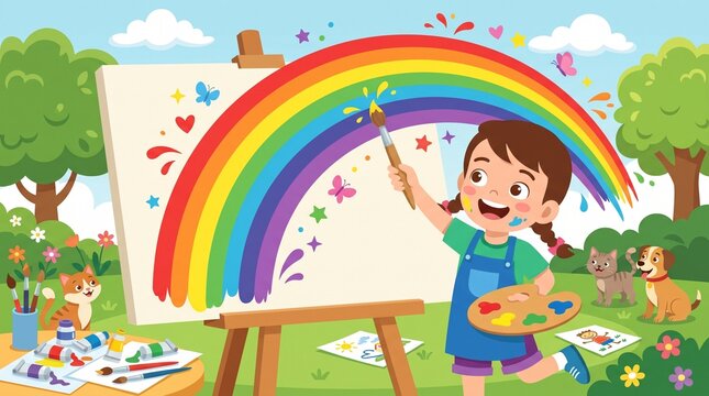 Joyful young girl painting a vibrant rainbow on canvas outdoors with pets nearby