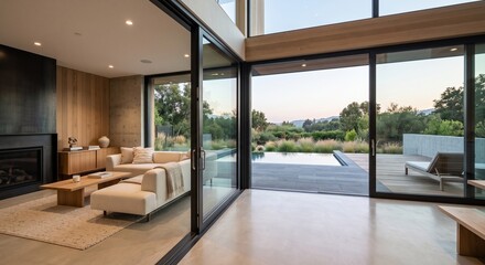 Fototapeta premium Modern luxury living room with panoramic sliding glass doors opening to pool terrace
