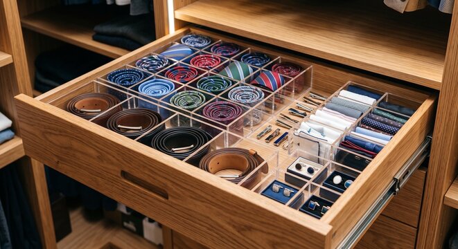 Men closet organization open drawer with neatly organized ties belts and cufflinks