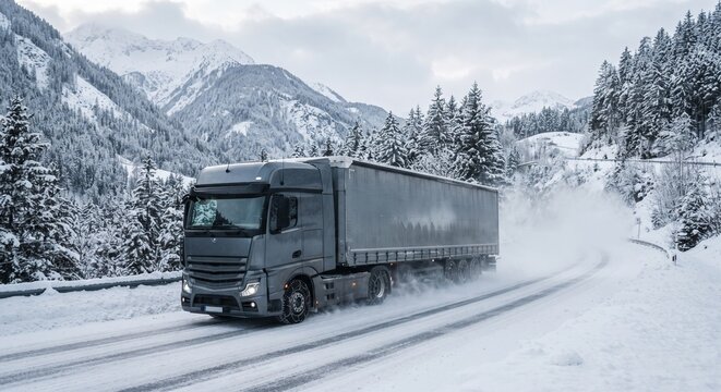 Semi truck driving on snowy winter mountain road delivery logistics
