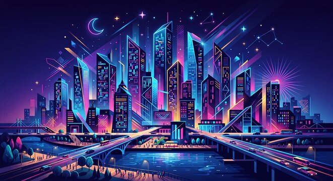 Futuristic night city of the future with neon skyscrapers and bridges cartoon illustration