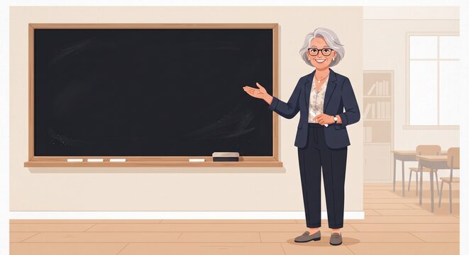Smiling senior female teacher standing near blank chalkboard in classroom cartoon illustration