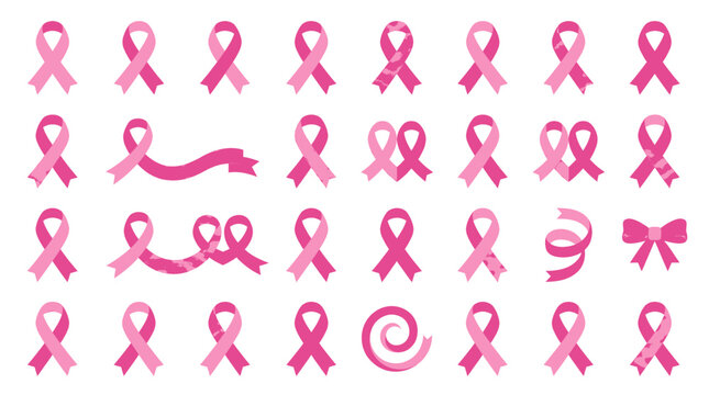 Ribbons Bows Pink Charity Hope Breast Cancer Awareness Symbol Support Decorative Collection Loop Badges Vector Illustration