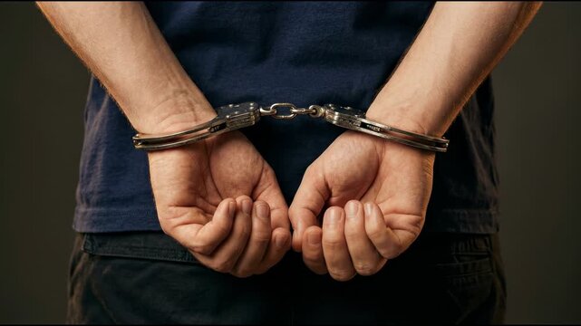 Man Arrested with Hands Cuffed Behind His Back Representing Crime Justice and Legal Consequences on a Dark Background