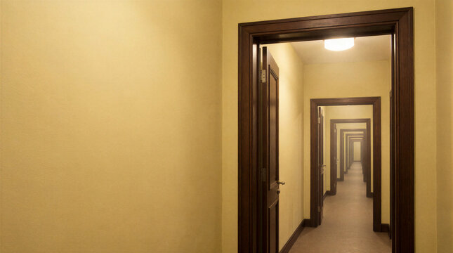 Recursive hallway interior featuring nested open doors and infinite perspective depth