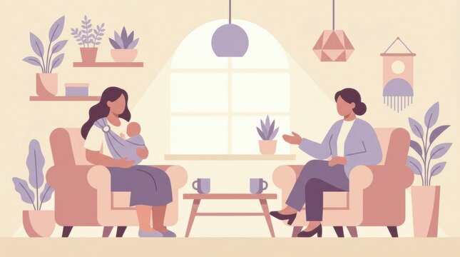 A mother holds her baby while talking to a therapist in a cozy room with plants and soft lighting during a support session for mental health.