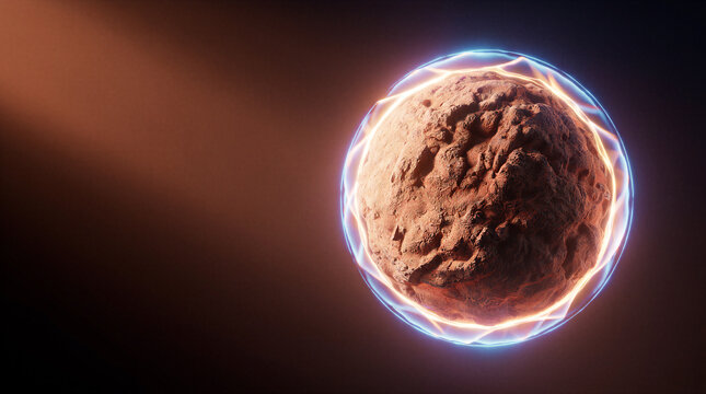 Rugged sandstone sphere rotating harmoniously inside a glowing magnetic energy field in dark space