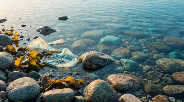 Marine pollution plastic fragments resting among smooth stones and seaweed in crystal clear tide pool water