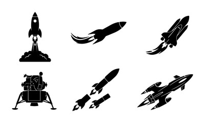 Space Rocket Icons, Spaceship Silhouettes, Lunar Lander, Sci-Fi Craft, Cosmic Exploration Vector Set © Faisal