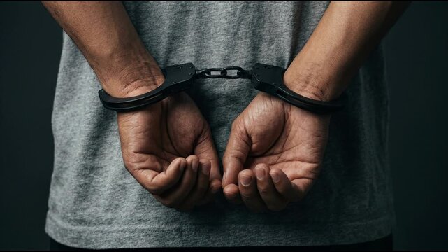 Arrested Person with Hands Cuffed Behind Back Symbolizing Crime Justice and Legal Consequences in a Dramatic Shot