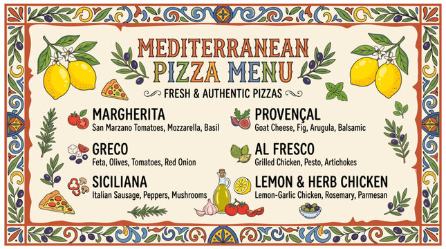 Very beautiful colorful realistic vector illustration of a Mediterranean restaurant pizza menu featuring hand-drawn lemons, decorative frame, rustic culinary accents, MEDITERRANEAN PIZZA MENU, isolate