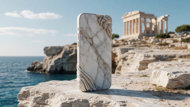 White marble sculpture lion's head rocky cliff overlooking ocean shape phone case placed edge background there