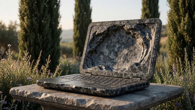 Laptop computer sitting top stone bench garden open appears old weathered cracked screen worn keyboard surroun