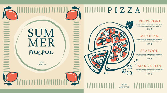 Very beautiful colorful realistic vector illustration of a Mediterranean restaurant pizza menu featuring hand-drawn lemons, decorative frame, rustic culinary accents, MEDITERRANEAN PIZZA MENU, isolate