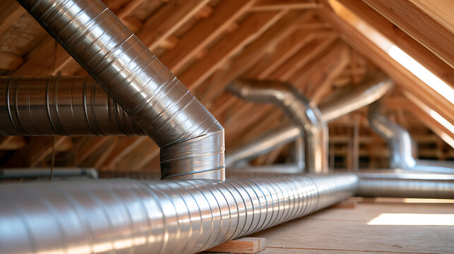 Metal ventilation ducts and steel pipes installed inside wooden attic frame of modern house for airflow and climate control architecture